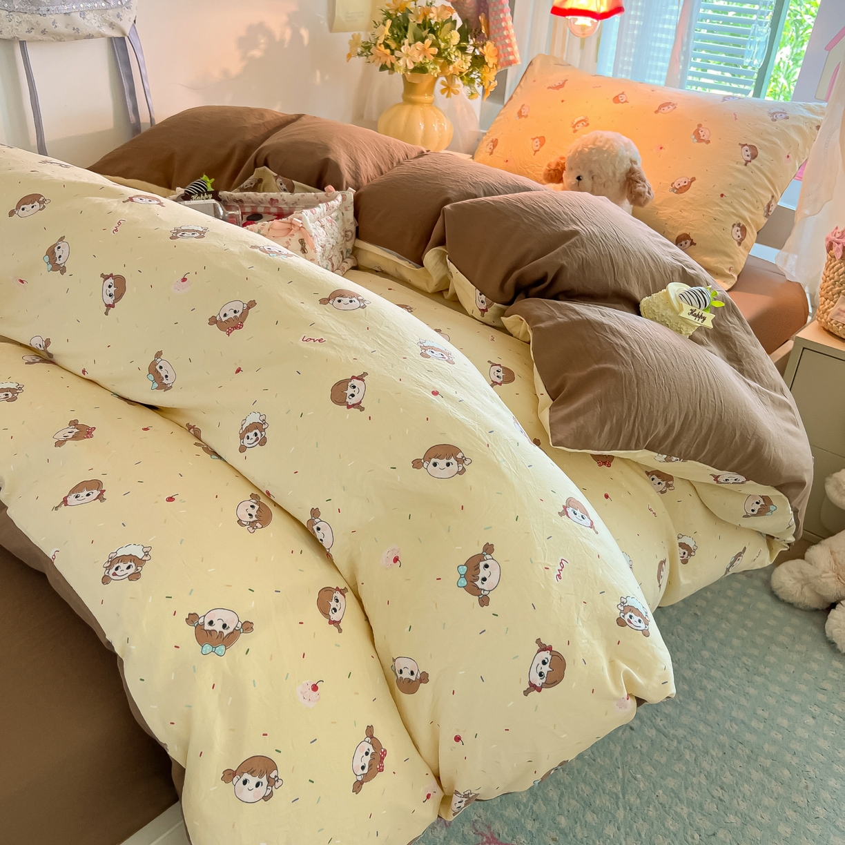 91家纺网 家纺一手货源 找家纺 盼季家纺 2025新款奶油风小清新学生宿舍床上三件套寝室上下铺床单被套床笠三件套 简单款-巧乐力女孩