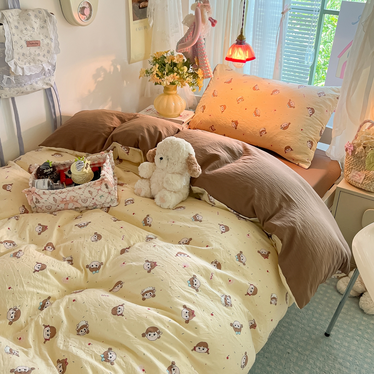 91家纺网 家纺一手货源 找家纺 盼季家纺 2025新款奶油风小清新学生宿舍床上三件套寝室上下铺床单被套床笠三件套 简单款-巧乐力女孩