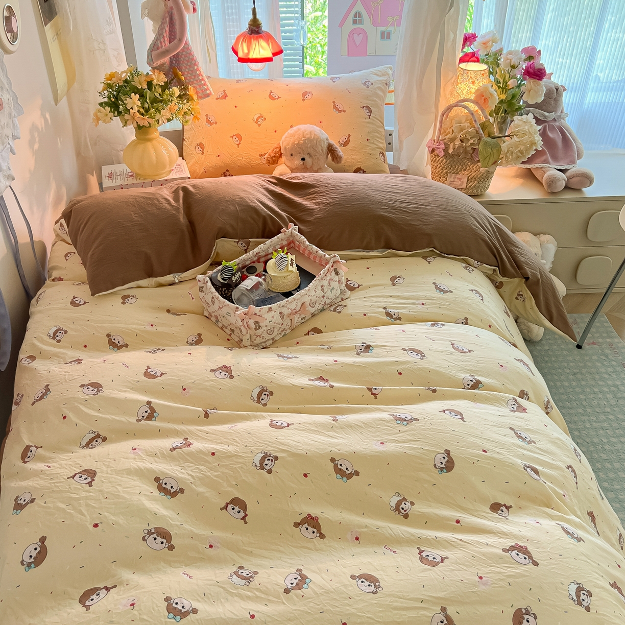 91家纺网 家纺一手货源 找家纺 盼季家纺 2025新款奶油风小清新学生宿舍床上三件套寝室上下铺床单被套床笠三件套 简单款-巧乐力女孩