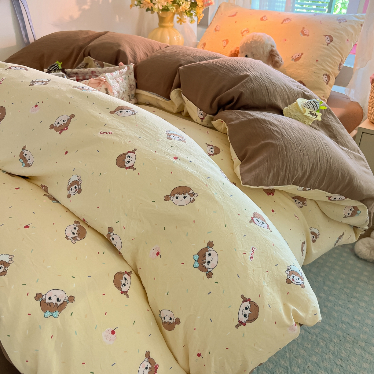 91家纺网 家纺一手货源 找家纺 盼季家纺 2025新款奶油风小清新学生宿舍床上三件套寝室上下铺床单被套床笠三件套 简单款-巧乐力女孩