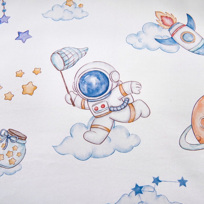 91家纺网 家纺一手货源 找家纺 梵赫 2025新款纯棉A类50*50数码卡通小版婴童套件幼儿园三件套 星空宇航员