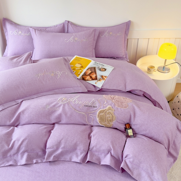 91家纺网 家纺一手货源 找家纺 江南春家纺 [雅—轻绒]2025全棉高支高密立体刺绣生态磨毛加绒四件套 玫瑰物语-极光紫
