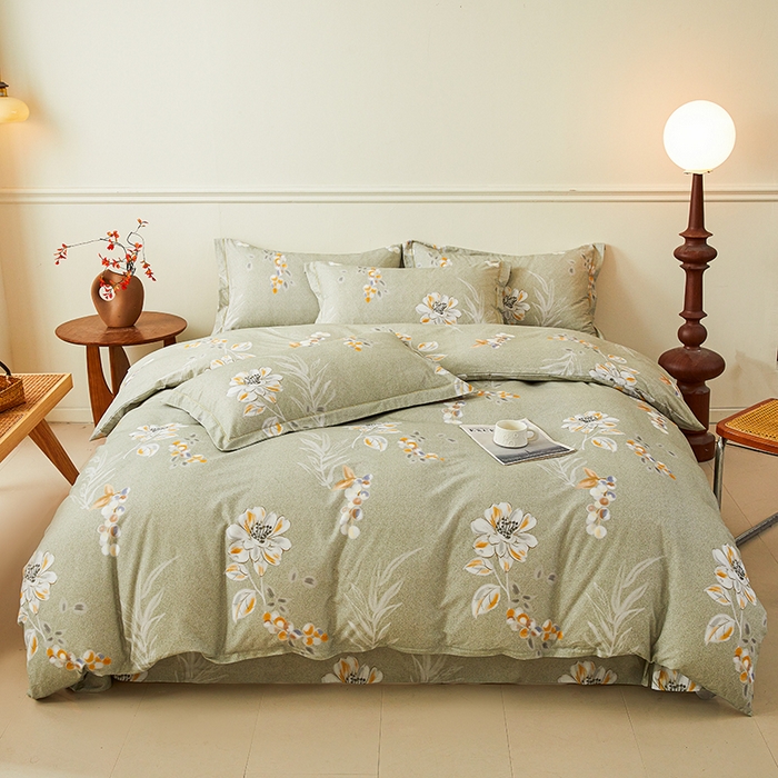 91家纺网 家纺一手货源 找家纺 名优家纺 2025新款全棉纯棉磨毛数码印花四件套 芙语-绿