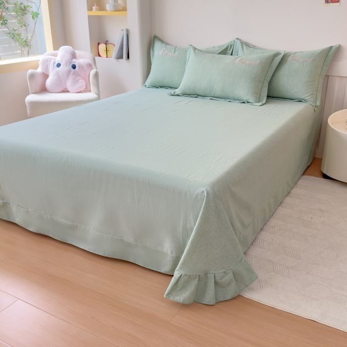 91家纺网 家纺一手货源 找家纺 江南春家纺 [雅—轻绒]2025全棉高支高密立体刺绣生态磨毛加绒四件套 玫瑰物语-竹青绿