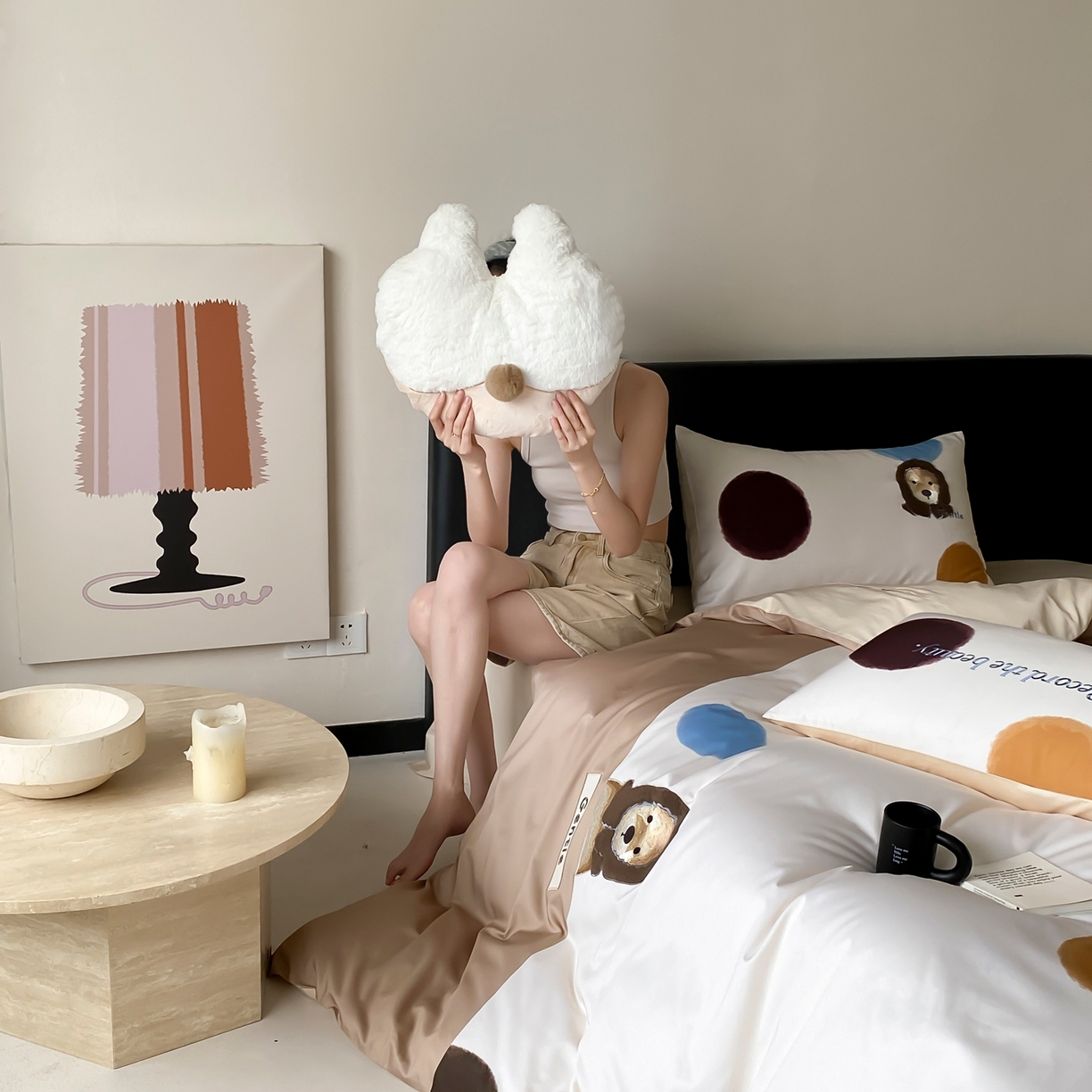 91家纺网 家纺一手货源 找家纺 （总）初拾 2025新款100s全棉治愈系卡通四件套-波点小柴（会员减20）