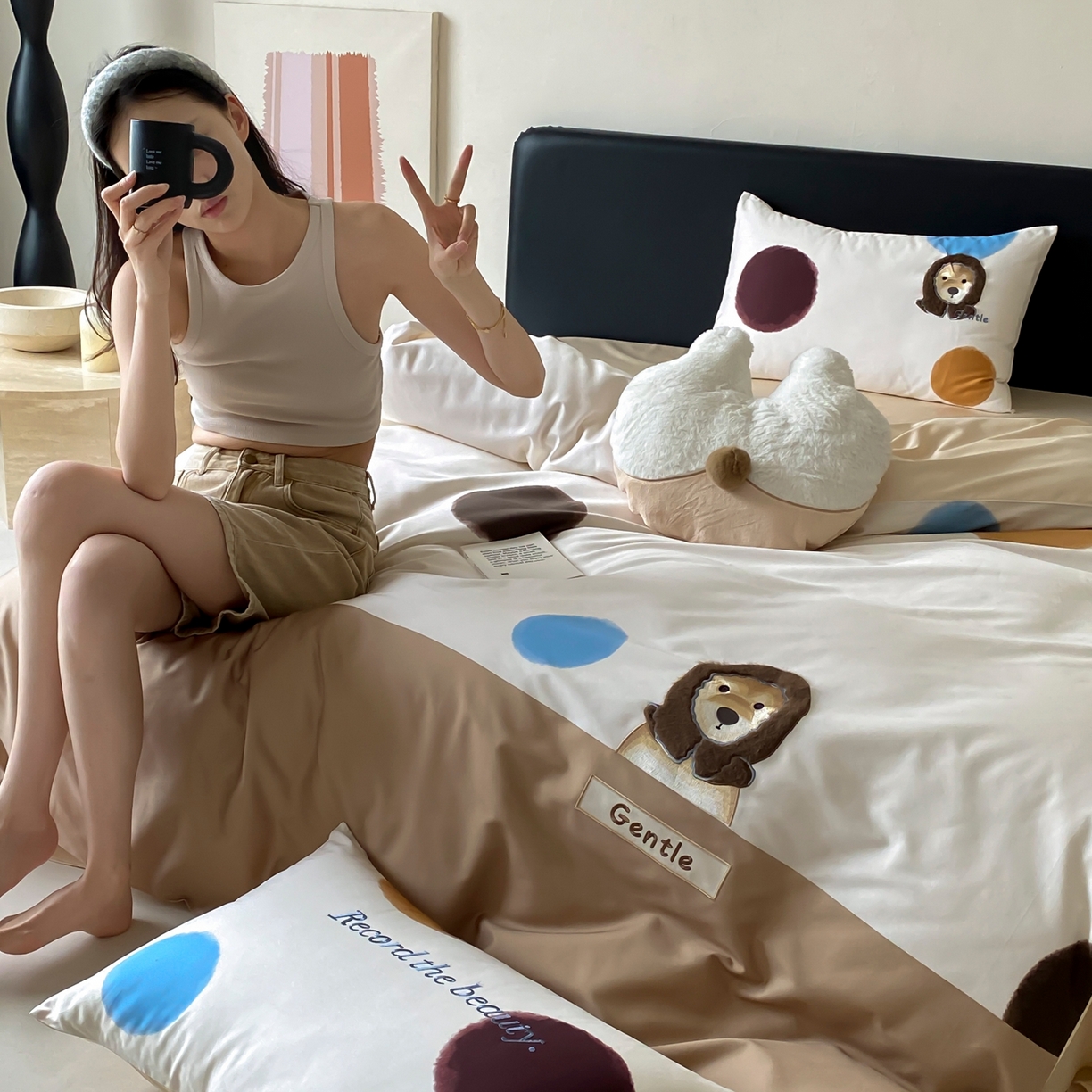 91家纺网 家纺一手货源 找家纺 （总）初拾 2025新款100s全棉治愈系卡通四件套-波点小柴（会员减20）