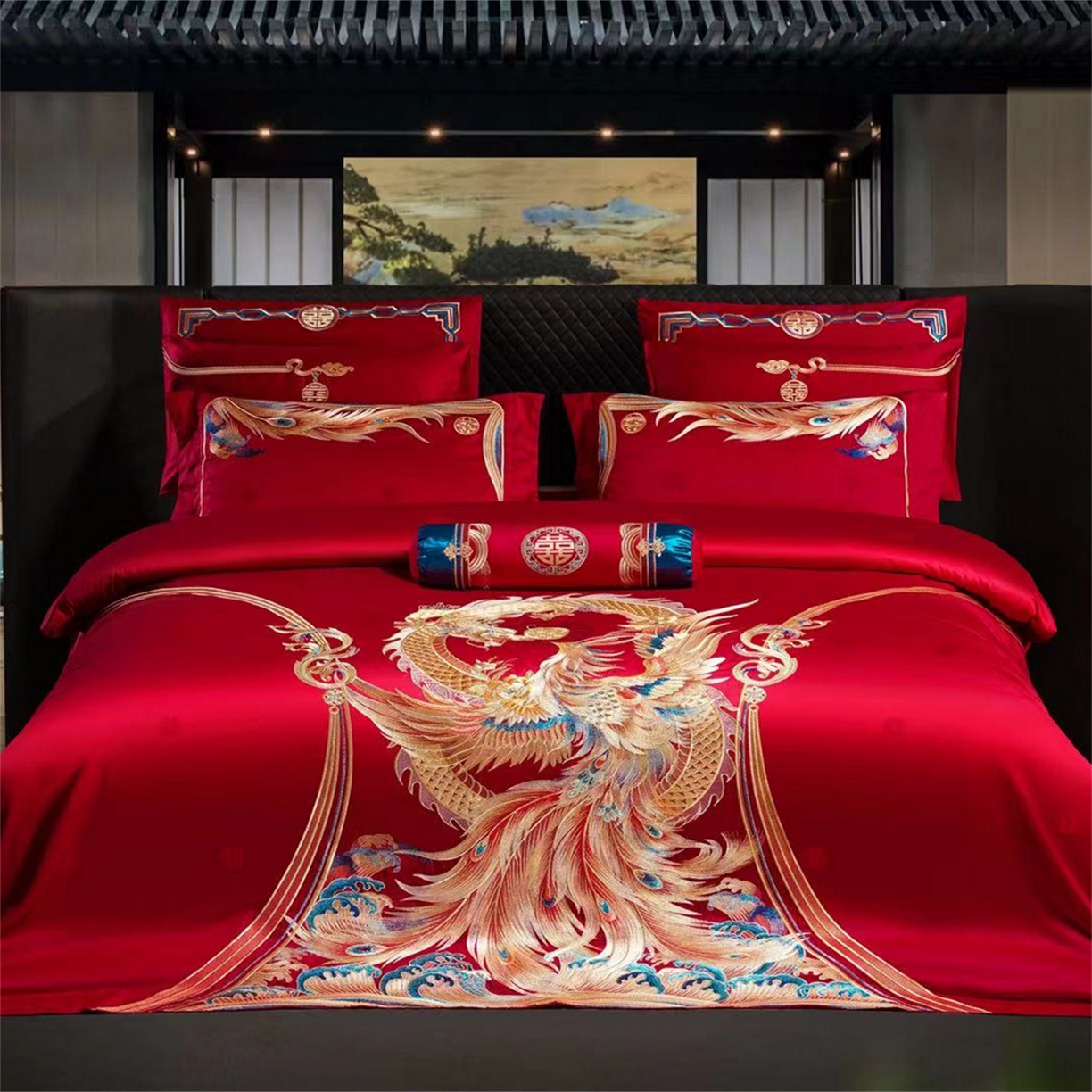 91家纺网 家纺一手货源 找家纺 （总）美娘阁 2025新款长绒棉全棉贡缎提花款新中式古典韵味精美刺绣婚庆四件套-系列三