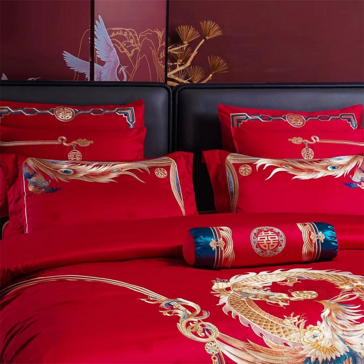 91家纺网 家纺一手货源 找家纺 美娘阁 2025新款长绒棉全棉贡缎提花款新中式古典韵味精美刺绣婚庆四件套-系列三国色天姿