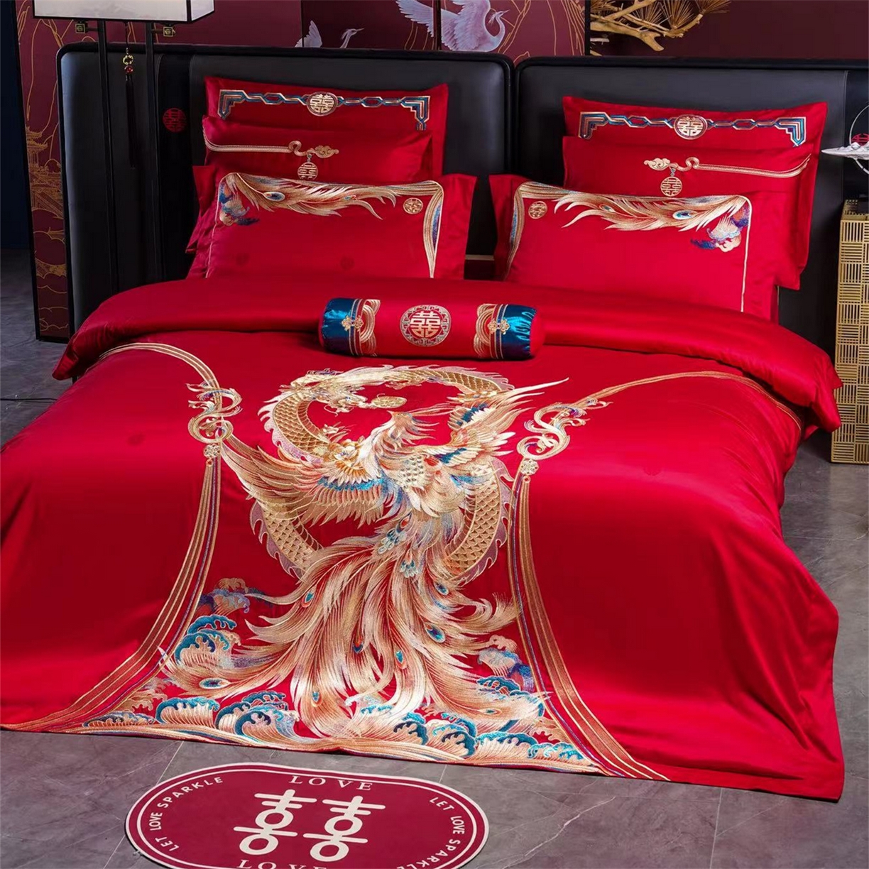 91家纺网 家纺一手货源 找家纺 美娘阁 2025新款长绒棉全棉贡缎提花款新中式古典韵味精美刺绣婚庆四件套-系列三国色天姿