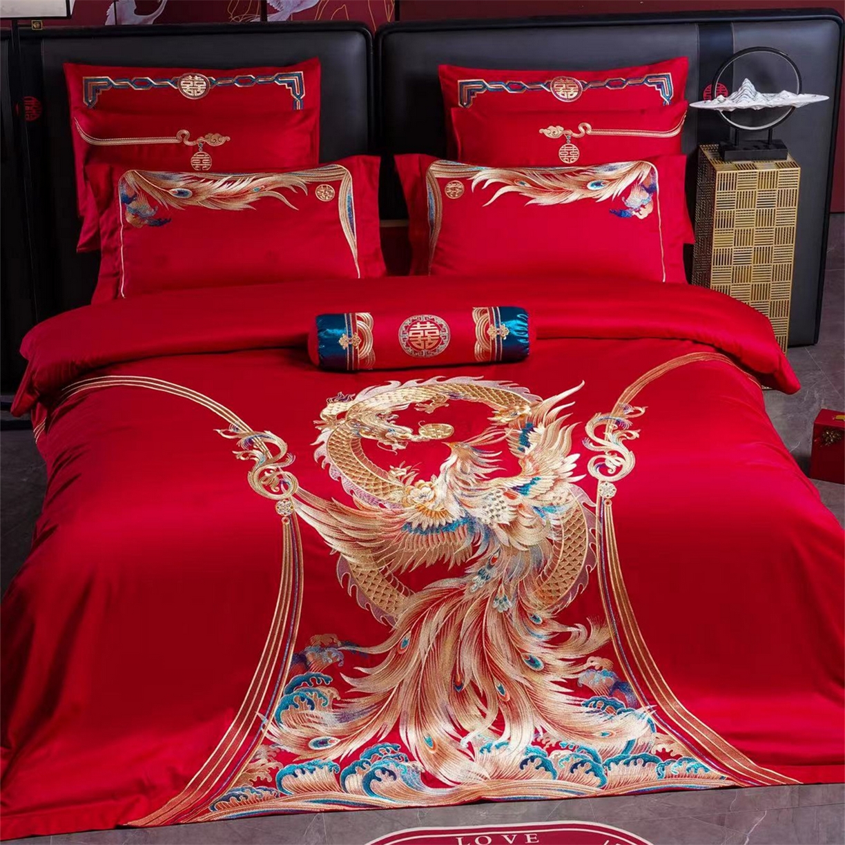 91家纺网 家纺一手货源 找家纺 美娘阁 2025新款长绒棉全棉贡缎提花款新中式古典韵味精美刺绣婚庆四件套-系列三国色天姿