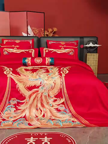 91家纺网 家纺一手货源 找家纺 美娘阁 2025新款长绒棉全棉贡缎提花款新中式古典韵味精美刺绣婚庆四件套-系列三国色天姿