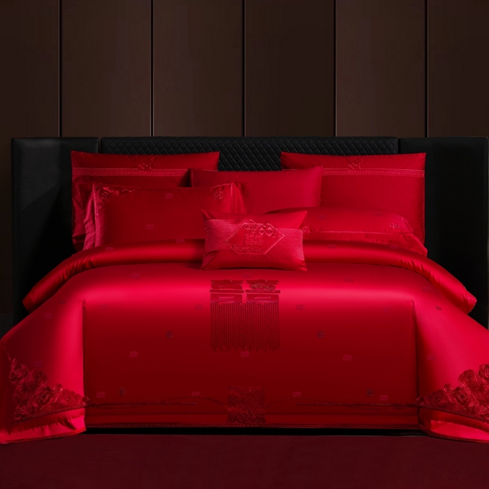 美娘阁 2025新款长绒棉全棉贡缎提花款新中式古典韵味精美刺绣婚庆四件套-系列一 喜运绵绵-红