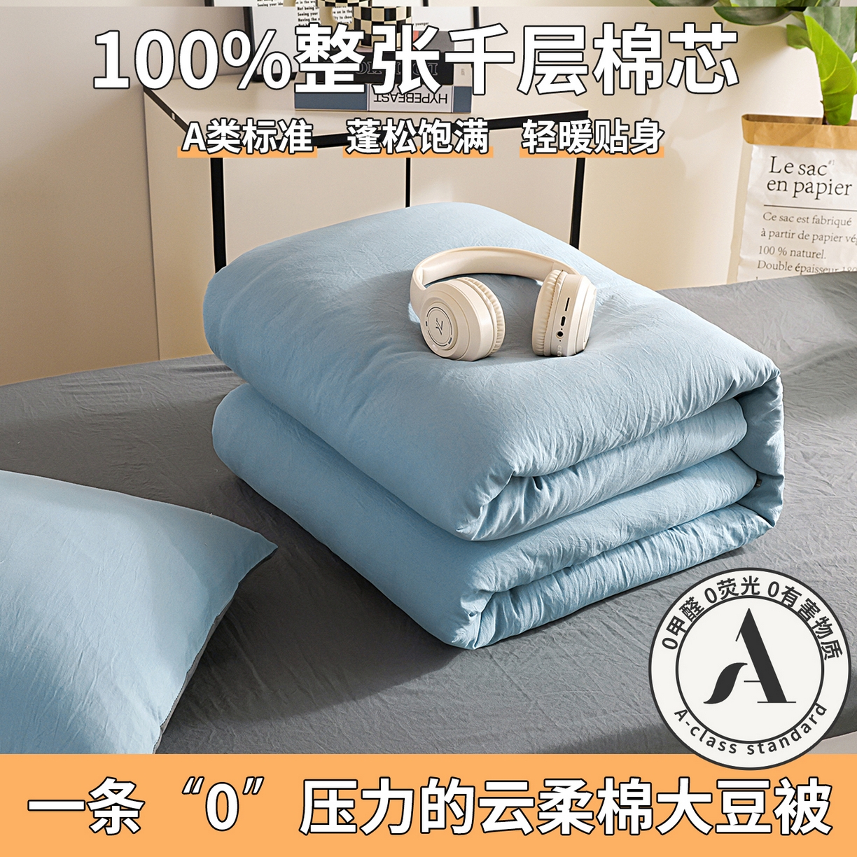 91家纺网 家纺一手货源 找家纺 益多眠 2026新款双拼云朵被被子被芯 双拼系列-天蓝+深灰