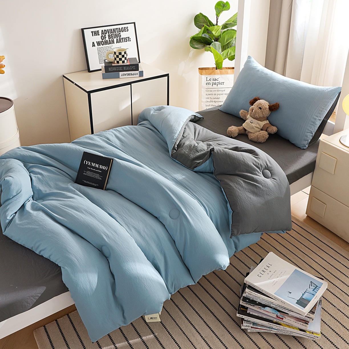 91家纺网 家纺一手货源 找家纺 益多眠 2026新款双拼云朵被被子被芯 双拼系列-天蓝+深灰