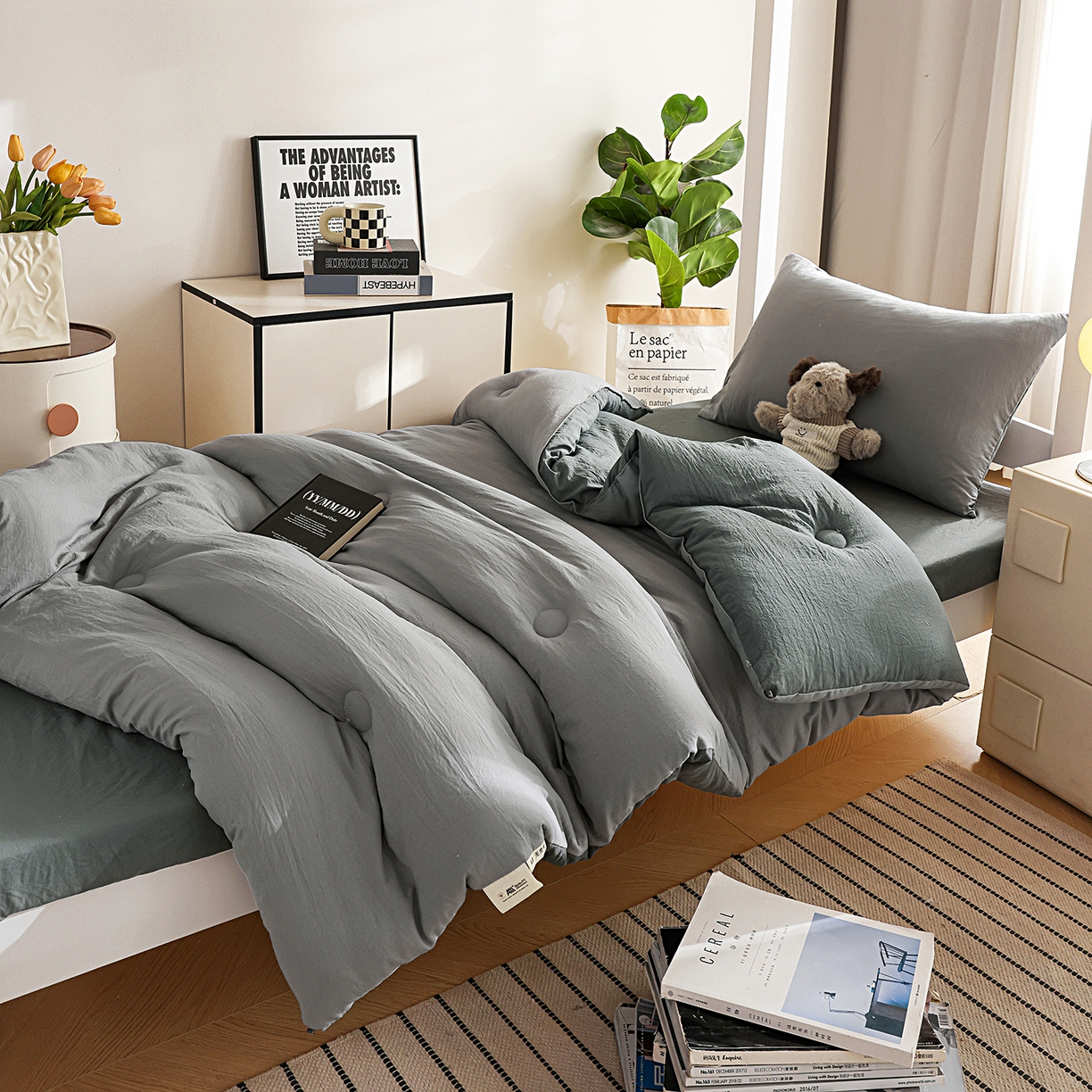 91家纺网 家纺一手货源 找家纺 益多眠 2026新款双拼云朵被被子被芯 双拼系列-烟灰+深灰
