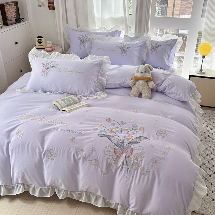 91家纺网 家纺一手货源 找家纺 ab家纺 2025新款水洗棉绣花四件套-铃兰语 铃兰语  香芋紫