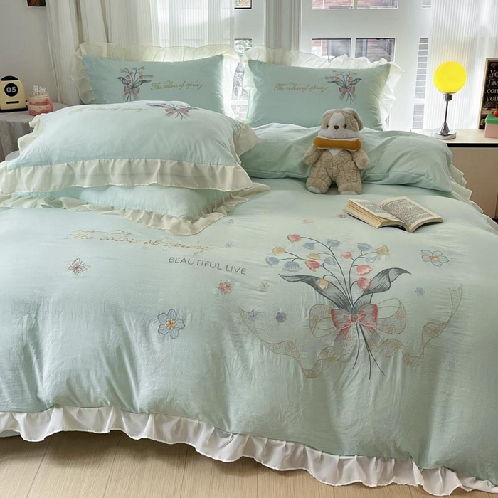 91家纺网 家纺一手货源 找家纺 ab家纺 2025新款水洗棉绣花四件套-铃兰语 铃兰语 水绿