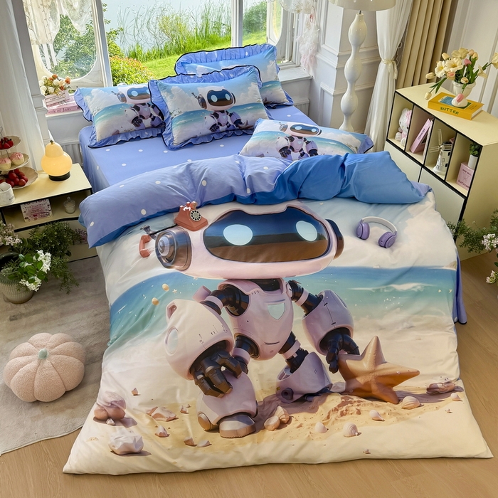 91家纺网 家纺一手货源 找家纺 馨语家居 2025新款A类全棉3D大版印花四件套 海洋机器人