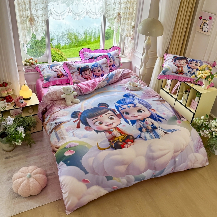 91家纺网 家纺一手货源 找家纺 馨语家居 2025新款A类全棉3D大版印花四件套 腾云哪吒