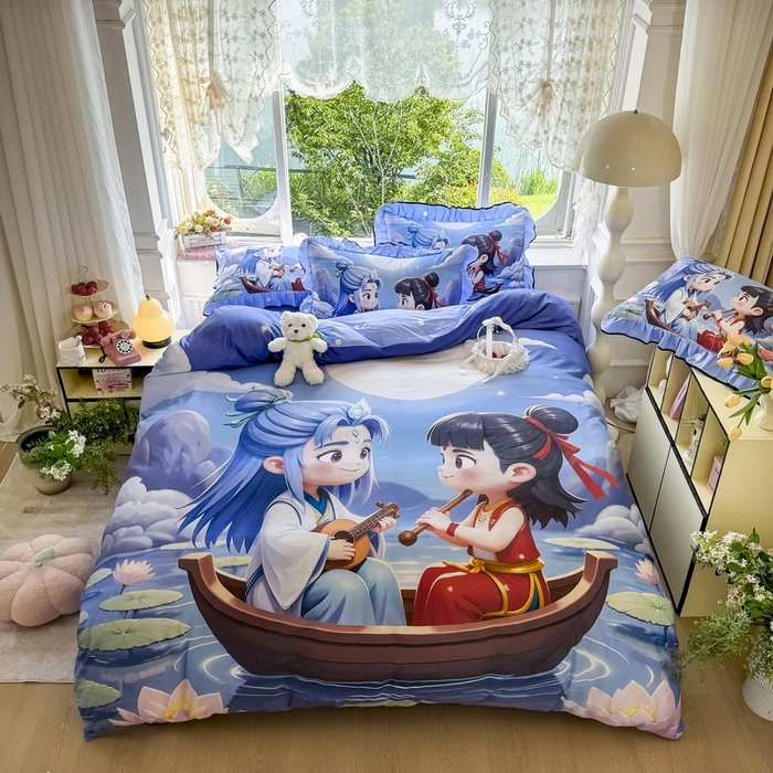 91家纺网 家纺一手货源 找家纺 馨语家居 2025新款A类全棉3D大版印花四件套 漂流哪吒