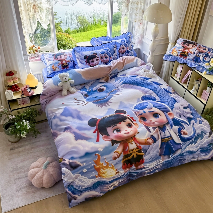 91家纺网 家纺一手货源 找家纺 馨语家居 2025新款A类全棉3D大版印花四件套 神龙哪吒