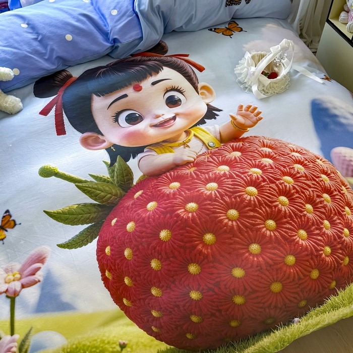 91家纺网 家纺一手货源 找家纺 馨语家居 2025新款A类全棉3D大版印花四件套 草莓哪吒