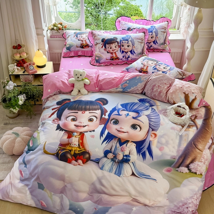 91家纺网 家纺一手货源 找家纺 馨语家居 2025新款A类全棉3D大版印花四件套 腾云哪吒