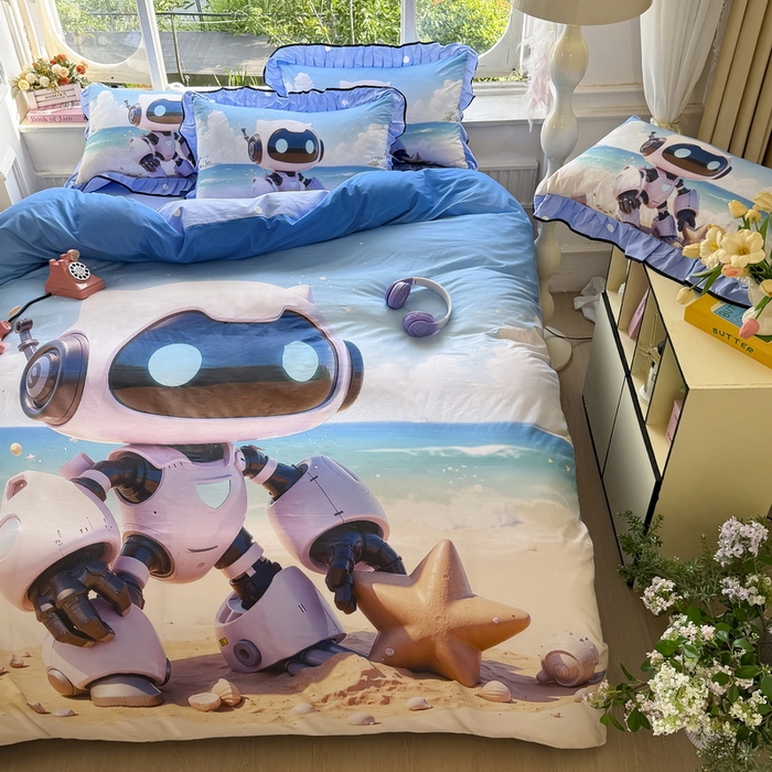 91家纺网 家纺一手货源 找家纺 馨语家居 2025新款A类全棉3D大版印花四件套 海洋机器人