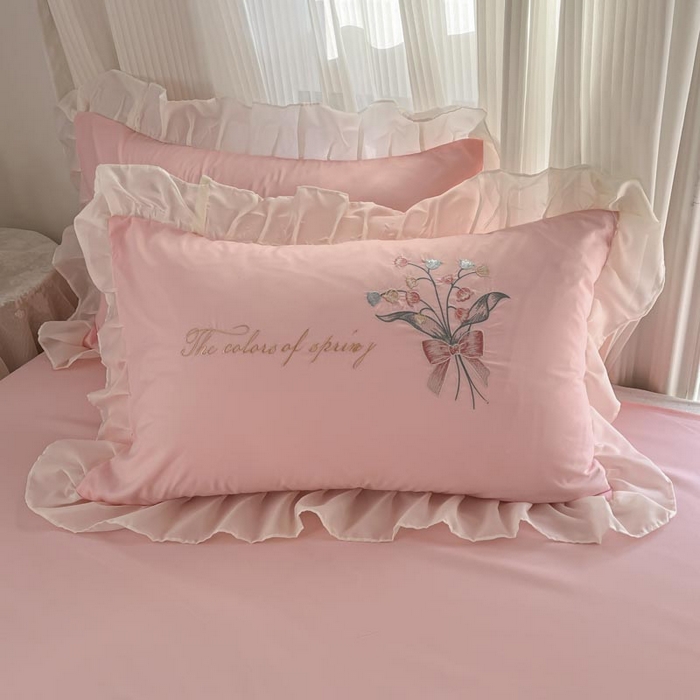 91家纺网 家纺一手货源 找家纺 ab家纺 2025新款水洗棉绣花四件套-铃兰语 铃兰语 微微粉