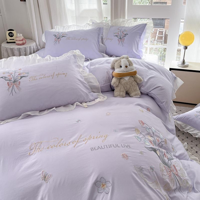 91家纺网 家纺一手货源 找家纺 ab家纺 2025新款水洗棉绣花四件套-铃兰语 铃兰语  香芋紫