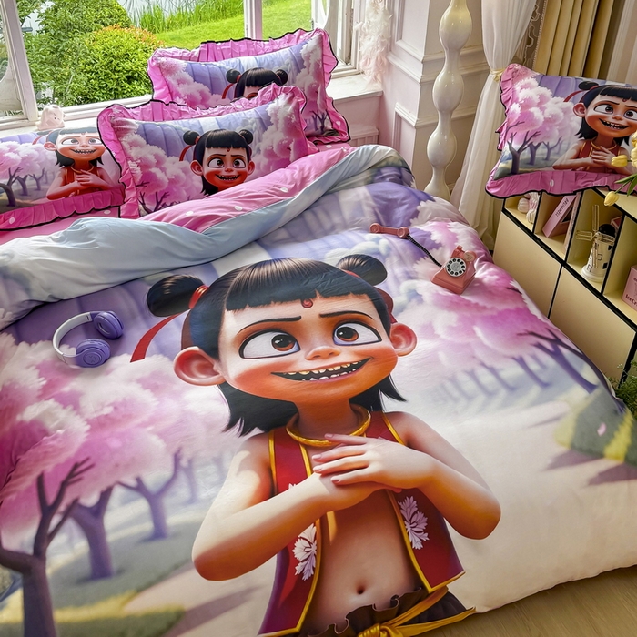 91家纺网 家纺一手货源 找家纺 馨语家居 2025新款A类全棉3D大版印花四件套 魔童哪吒