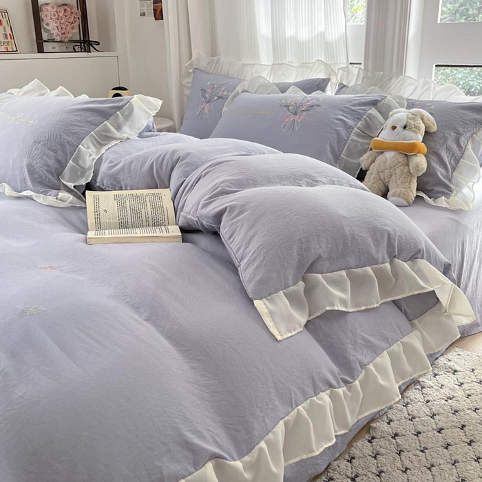 91家纺网 家纺一手货源 找家纺 ab家纺 2025新款水洗棉绣花四件套-铃兰语 铃兰语 浅紫灰