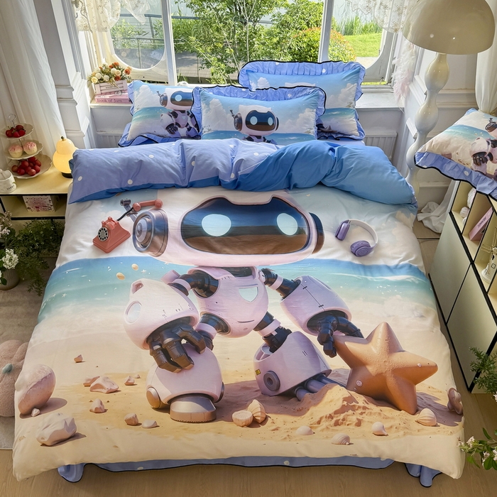 91家纺网 家纺一手货源 找家纺 馨语家居 2025新款A类全棉3D大版印花四件套 海洋机器人