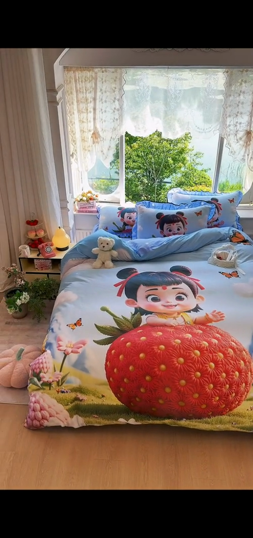 91家纺网 家纺一手货源 找家纺 馨语家居 2025新款A类全棉3D大版印花四件套 草莓哪吒