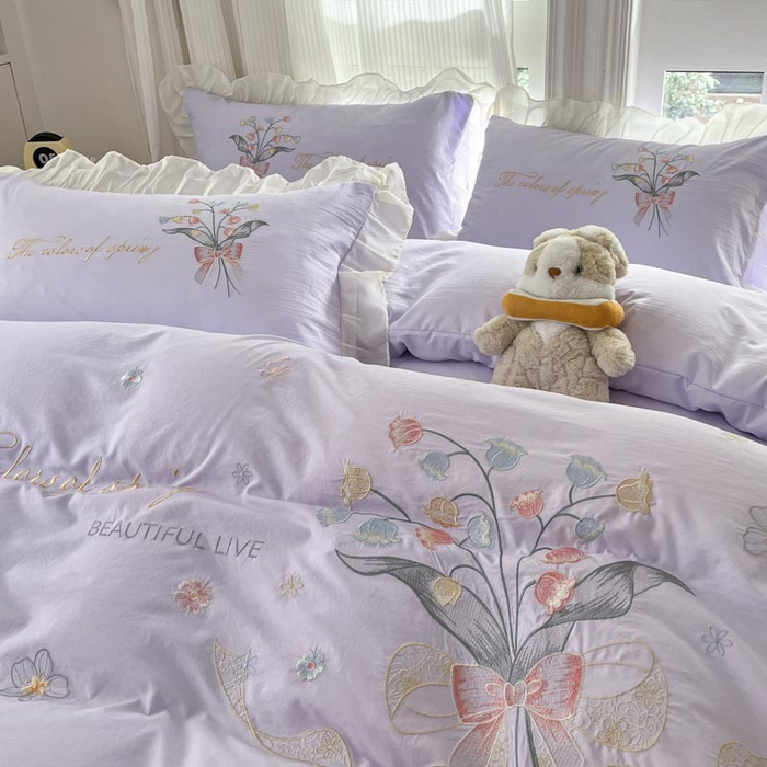 91家纺网 家纺一手货源 找家纺 ab家纺 2025新款水洗棉绣花四件套-铃兰语 铃兰语  香芋紫