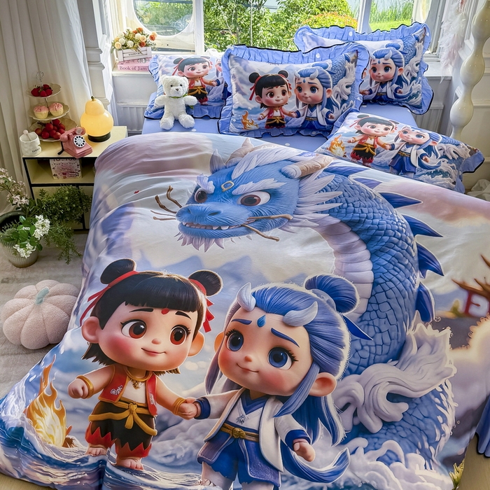 91家纺网 家纺一手货源 找家纺 馨语家居 2025新款A类全棉3D大版印花四件套 神龙哪吒