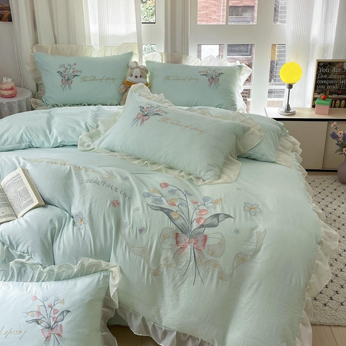 91家纺网 家纺一手货源 找家纺 ab家纺 2025新款水洗棉绣花四件套-铃兰语 铃兰语 水绿