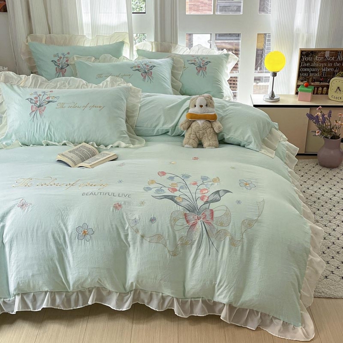 91家纺网 家纺一手货源 找家纺 ab家纺 2025新款水洗棉绣花四件套-铃兰语 铃兰语 水绿