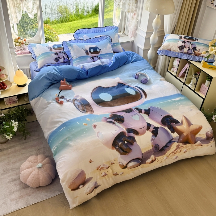 91家纺网 家纺一手货源 找家纺 馨语家居 2025新款A类全棉3D大版印花四件套 海洋机器人