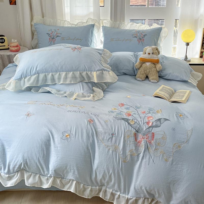 91家纺网 家纺一手货源 找家纺 ab家纺 2025新款水洗棉绣花四件套-铃兰语 铃兰语  天空蓝