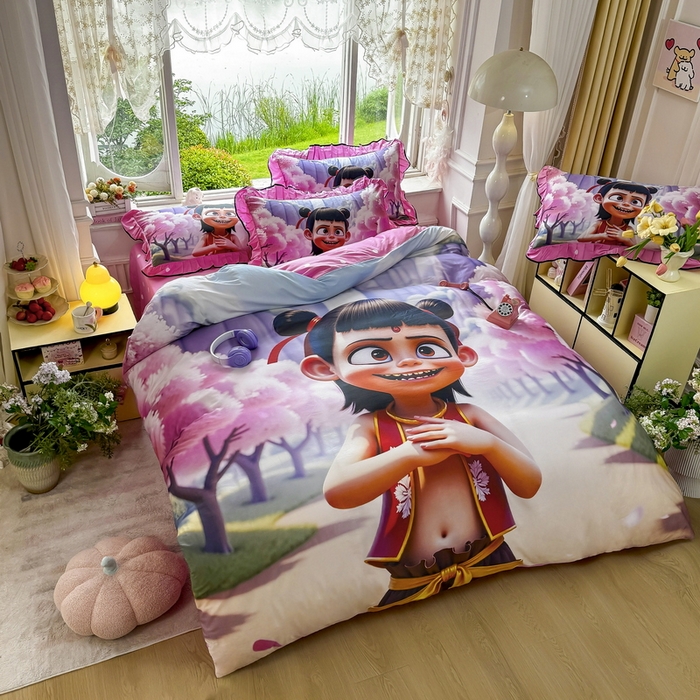 91家纺网 家纺一手货源 找家纺 馨语家居 2025新款A类全棉3D大版印花四件套 魔童哪吒