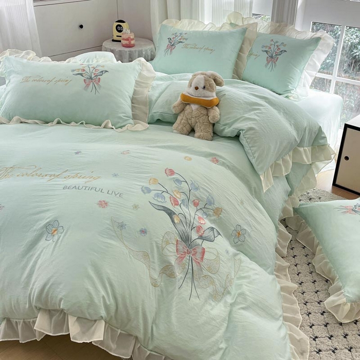 91家纺网 家纺一手货源 找家纺 ab家纺 2025新款水洗棉绣花四件套-铃兰语 铃兰语 水绿