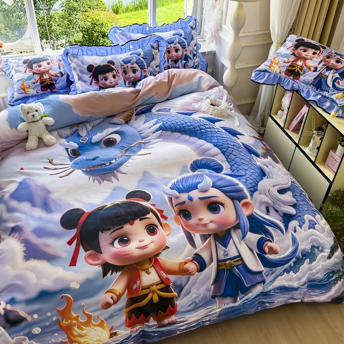 91家纺网 家纺一手货源 找家纺 馨语家居 2025新款A类全棉3D大版印花四件套 神龙哪吒