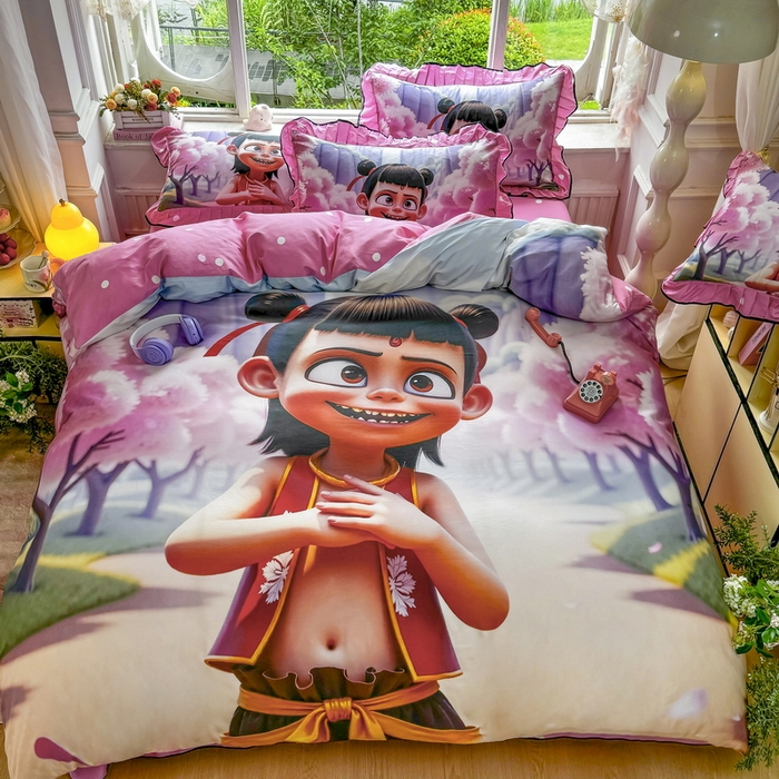 91家纺网 家纺一手货源 找家纺 馨语家居 2025新款A类全棉3D大版印花四件套 魔童哪吒
