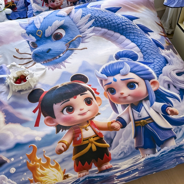 91家纺网 家纺一手货源 找家纺 馨语家居 2025新款A类全棉3D大版印花四件套 神龙哪吒