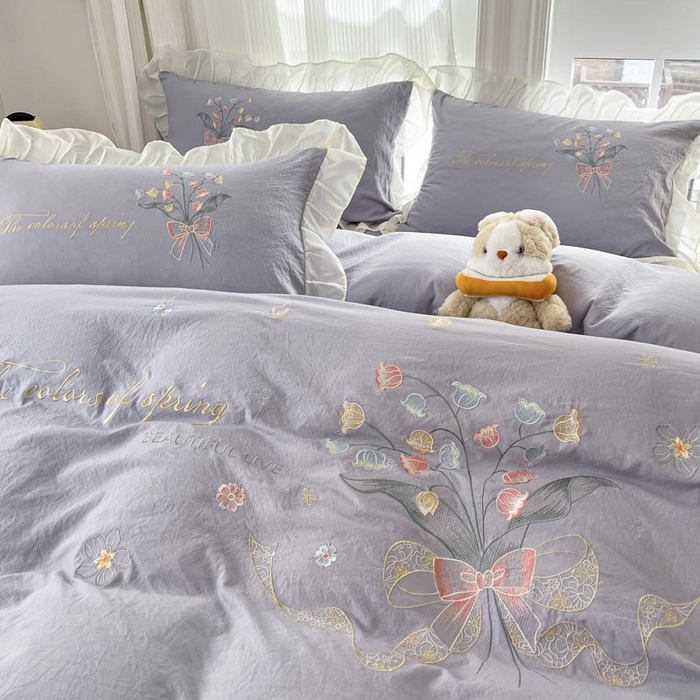 91家纺网 家纺一手货源 找家纺 ab家纺 2025新款水洗棉绣花四件套-铃兰语 铃兰语 浅紫灰