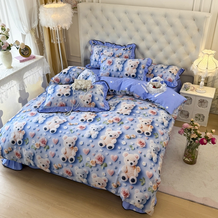 91家纺网 家纺一手货源 找家纺 馨语家居 2025新款A类全棉3D大版印花四件套 针织小熊