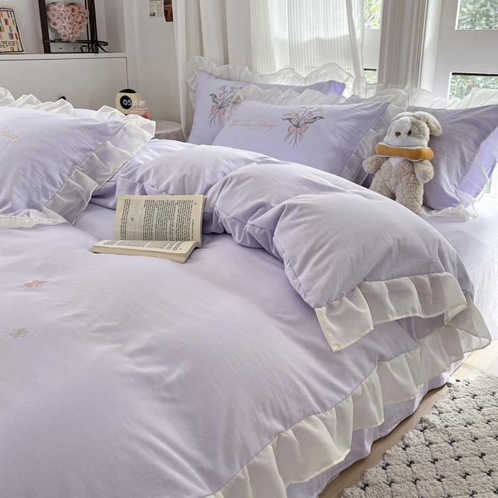 91家纺网 家纺一手货源 找家纺 ab家纺 2025新款水洗棉绣花四件套-铃兰语 铃兰语  香芋紫