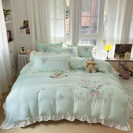 91家纺网 家纺一手货源 找家纺 ab家纺 2025新款水洗棉绣花四件套-铃兰语 铃兰语 水绿