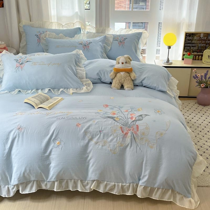 91家纺网 家纺一手货源 找家纺 ab家纺 2025新款水洗棉绣花四件套-铃兰语 铃兰语  天空蓝